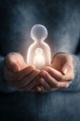 Hands holding glowing figures representing inner child concept with soft light and warmth
