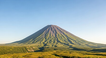 A scenic view of a large green mountain under a clear blue sky in the daytime light