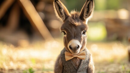 Fototapeta premium A baby donkey elegantly dressed in a stylish bowtie poses in a farmyard, radiating charm and cuteness that captivates all who gaze upon its adorable appearance.