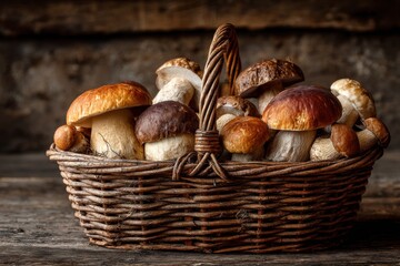 A wicker basket overflows with various mushrooms, showcasing their rich colors and textures against an earthy backdrop
