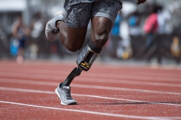 Fast runner with a prosthetic leg competes in a race on a red track, showcasing determination and athleticism in a vibrant atmosphere