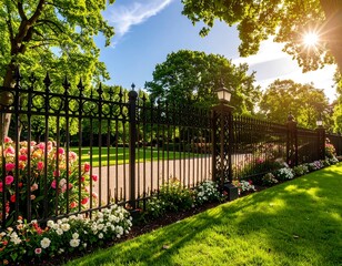 Obraz premium Sunny park with a wrought iron fence