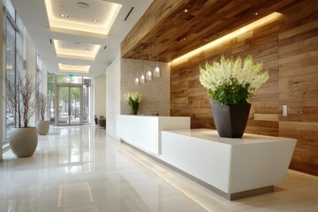 Fototapeta premium Bright and spacious lobby features contemporary decor with wooden accents and vibrant floral arrangements welcoming visitors
