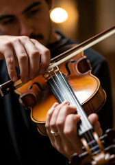 A young man, appearing to be in his twenties, plays the violin with intense concentration, hands expertly placed on the instrument