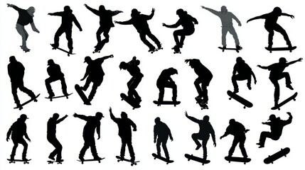 Vector silhouette collection of skateboarders in various active poses