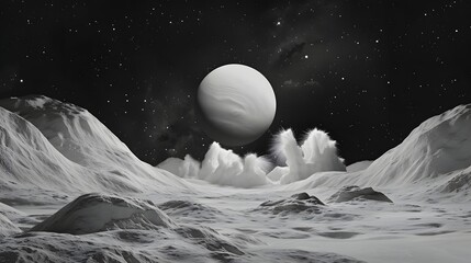 A digital artwork in black and white, depicting a surreal, icy lunar landscape with geysers erupting and a large planet in the starry sky.