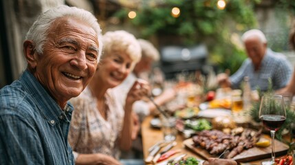senior couples having fun at barbecue dinner in home terrace  pensioner friends having tender moments at bbq meal  focus on right man face  love summer and jouyful elderly lifestyle concept no logos 