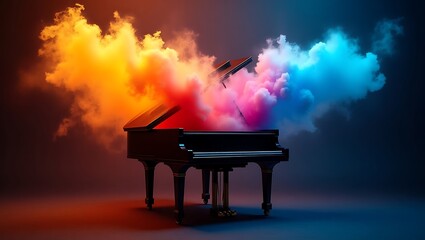 Grand piano erupts with vibrant colored smoke and light show