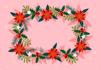 Wreath of branches, leafs and berries. Christmas frame made from holly berries and green twigs. Winter holiday ornament. Xmas decoration frame. Holiday design