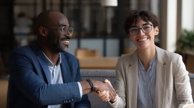 two business people shaking hands while sitting in meeting room middle eastern businessman shake hands to businesswoman portrait of happy smiling latin man signing off deal with an handshake no logos