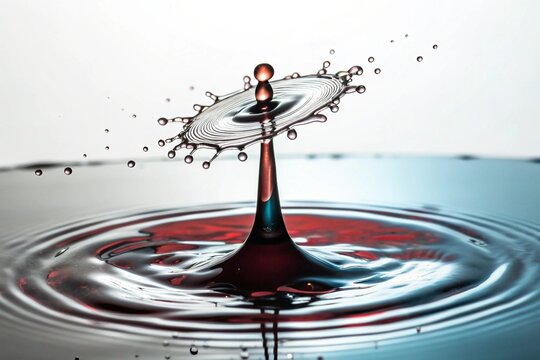 High-speed macro photography of red ink dropping into water, creating a stunning crown splash and rebound droplet collision against a clean white background.