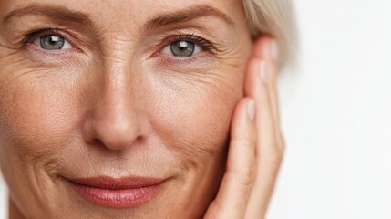 50s middle aged old woman looking at camera isolated on white background advertising dry skin care treatment anti age skincare beauty plastic surgery cosmetology procedures close up half face view no