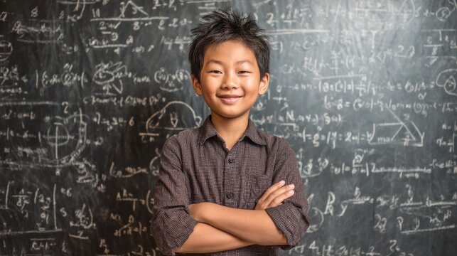 happy cheerful proud confident smiling cute asian schoolboy with arms crossed standing posing in classroom on chalkboard blackboard with formulas background elementary preteen school kid portrait no - Powered by Adobe