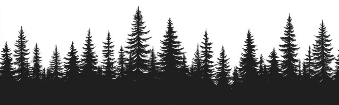 The modern illustration depicts a seamless border of evergreen trees in a forest silhouette
