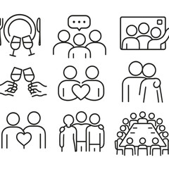 Social Gathering Icons. Outline style icons of Social Gathering: dinner plate with cheers, group chat, group photo moment, hug