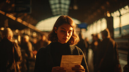 Portrait of a thoughtful woman at an old railway station, holding a letter as golden lights reflect on the train behind her