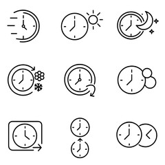 Time Zone Icons. Outline style icons of time zone transitions: time fade, day shift, night change, seasonal turn, clock flip,