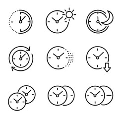 Time Zone Icons. Outline style icons of time zone transitions: time fade, day shift, night change, seasonal turn, clock flip,