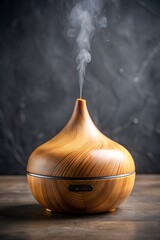 A wooden essential oil diffuser emitting a stream of aromatic mist, creating a relaxing and calming atmosphere for wellness and home decor