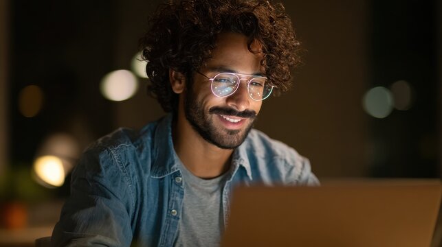 smiling young curly indian latin ethnic business man or student wearing glasses remote working overtime learning online late at night at home or in dark office using laptop computer at workplace no l