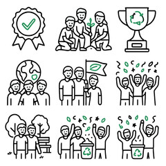 Eco Team Icons. Outline style icons of Environmental Team Victory: green award badge, team planting tree with smile, clean-up