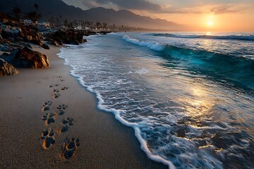 Sunset beach with animal footprints trail high resolution photo