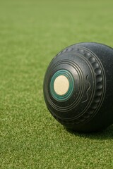 Lawn bowl resting on green outdoor grass field. Ready for a challenging and skilled game.
