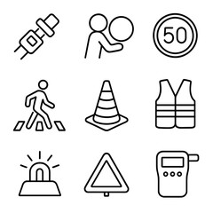 Fototapeta premium Road Safety Icons. Line style icons of Road Traffic Safety: seat belt buckle, airbag icon, speed limit sign, pedestrian crossing,