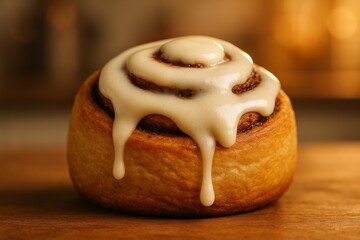 Delicious cinnamon roll covered with creamy white icing. Sweet pastry, perfect for breakfast or dessert.