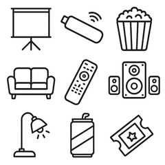 Family Movie Night Icons. Line style icons of Family Movie Night: projector screen, streaming stick, popcorn bucket, couch sofa,