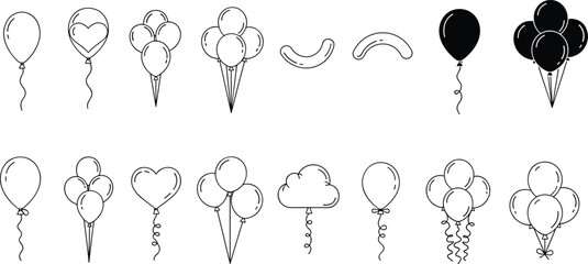 Balloon icons flat vector illustration, playful and diverse shapes, heart, cloud, black and clustered balloons, party decoration symbols set