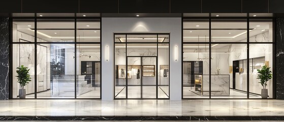 Modern boutique storefront with marble accents and sleek black framed glass doors