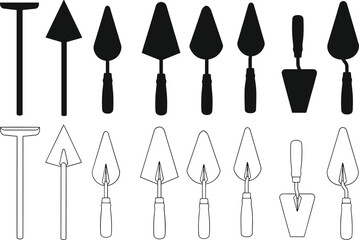 Gardening and masonry tool icon vector set, black silhouette and outline illustrations of trowels and hoe for outdoor and construction use