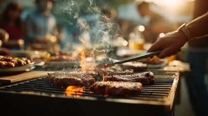 leisure food people and holidays concept  man cooking meat on barbecue grill for his friends at summer outdoor party no logos no brands ar 169