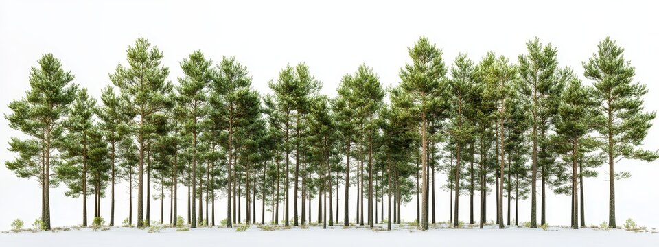Fir tree forest with conifers in 3D render is visualized in high quality with a cutout and plants, rendered using a 200mm lens for architectural purposes