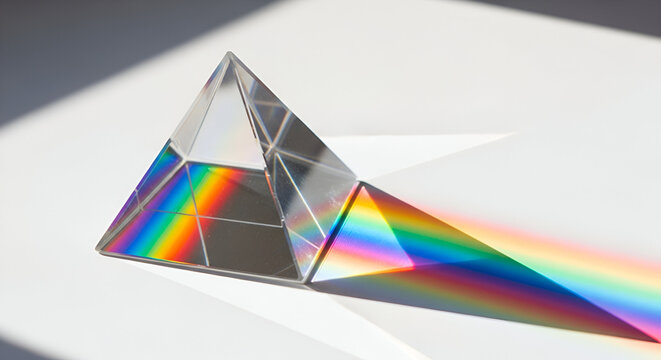 Transparent Prism Refracting Rainbow Spectrum on White Surface - Powered by Adobe