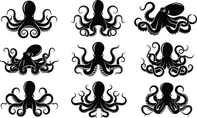 Octopus icon collection vector set, black silhouette illustrations of marine creatures with tentacles, ocean animal designs for sea themes