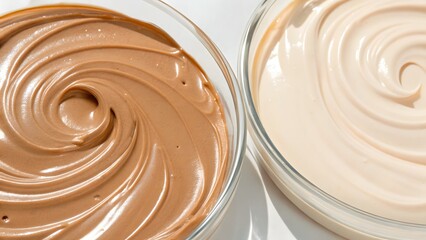 Swirling Flavors: Chocolate and vanilla cream dessert artfully swirled within glass bowls, capturing a delightful blend of textures and tastes, creating a visual feast for the senses.