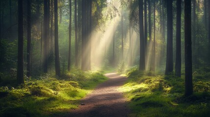 Morning light illuminates a peaceful forest, where mist wafts through the trees, the earth is covered in a thick layer of moss and ferns, and spider webs are adorned with tiny dewdrops, exemplifying