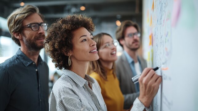 diverse group of focused businesspeople brainstorming together on a whiteboard during a strategy session in a bright modern office no logos no brands ar 169