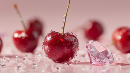 Close up of fresh cherries with water droplets and pink gem on shiny background