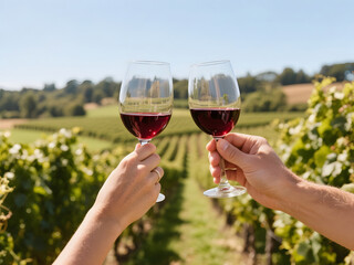 Two people clinking glasses of red wine under a clear blue sky, with a lush vineyard stretching into the background, celebrating a sunny day with romantic and joyful atmosphere