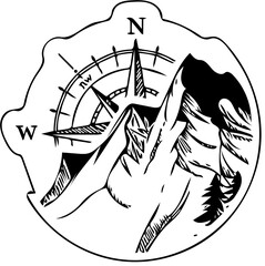 A compass graphic with stylized mountains, representing exploration and direction.
