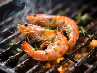 Two large grilled shrimp sizzling on barbecue grates, topped with fresh herbs and peppercorns, releasing aromatic steam and glowing with orange and golden tones in a smoky flame-lit setting