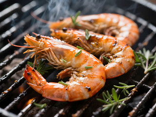 Juicy grilled shrimp sizzling on an open flame barbecue, garnished with fresh rosemary sprigs and coarse black pepper, creating a smoky and flavorful summer seafood scene with natural lighting