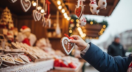 A hand holds a heart-shaped gingerbread ornament at a Christmas market stall with blurred lights and other decorations.