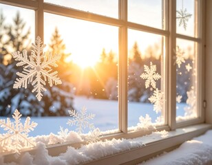 Winter scene through a window, snowflakes