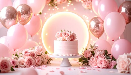 Celebration Cake with Pink Balloons and Rose Decorations