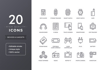 Collection of twenty modern line art icons for electronics and gadgets in a minimalist style