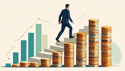 Business growth concept with man climbing stairs made of coins.